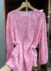 Boutique Rosa O Neck Jacquard Seide Velour Bluse Top Frühling